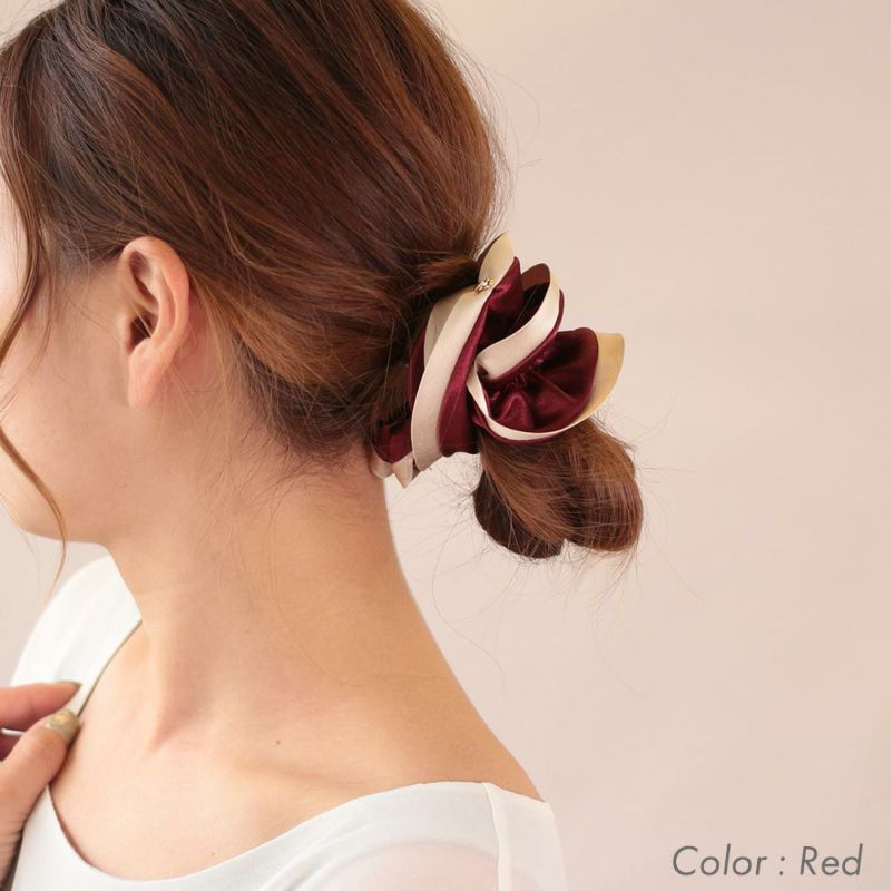 ヘアポニー フラワーストーン付き バイカラー シュシュ ヘアアクセサリー