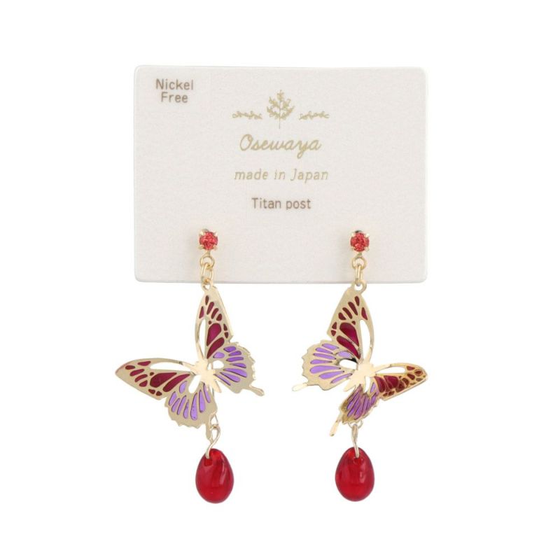 ピアス ニッケルフリー 透かし バタフライ 蝶 ストーン チタンポスト スタッドピアス