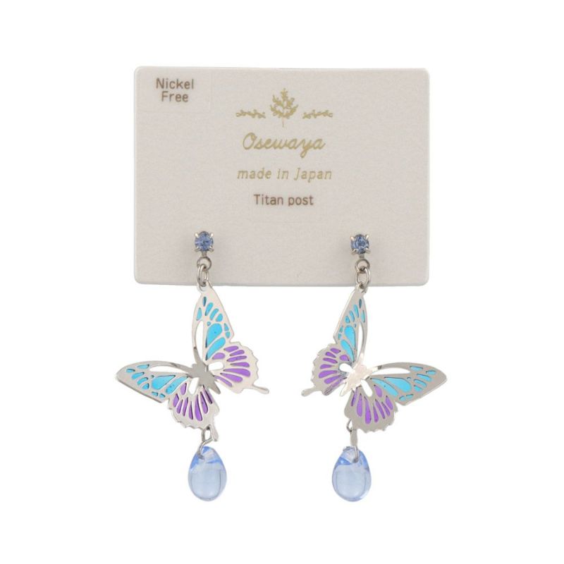 ピアス ニッケルフリー 透かし バタフライ 蝶 ストーン チタンポスト スタッドピアス