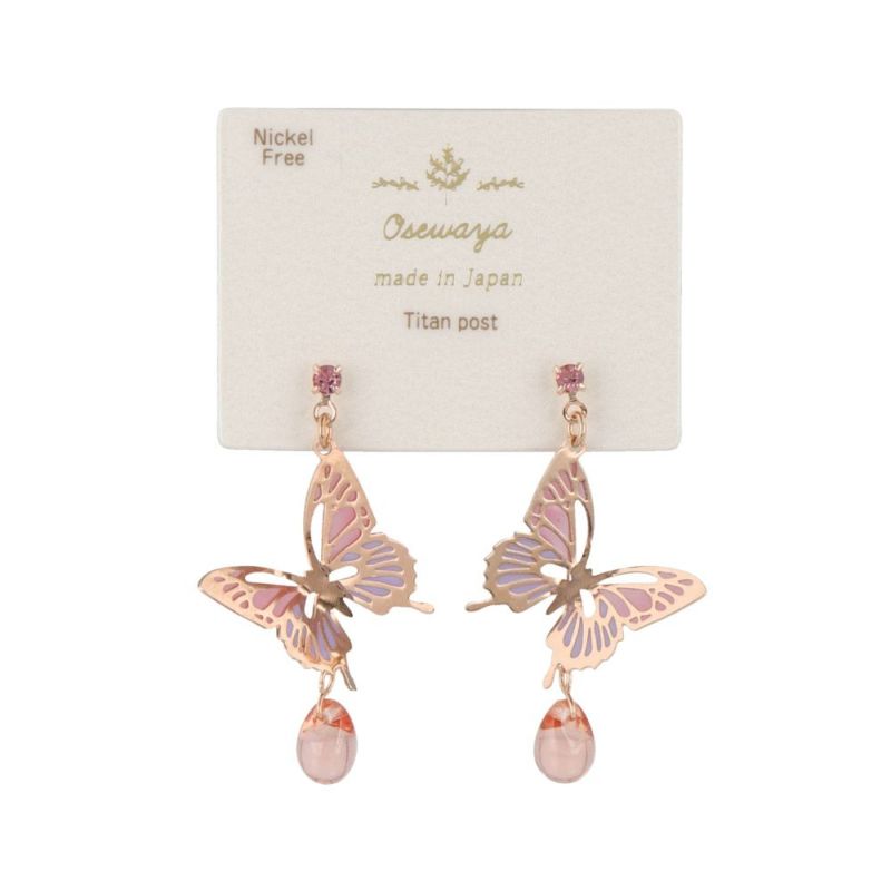 ピアス ニッケルフリー 透かし バタフライ 蝶 ストーン チタンポスト スタッドピアス