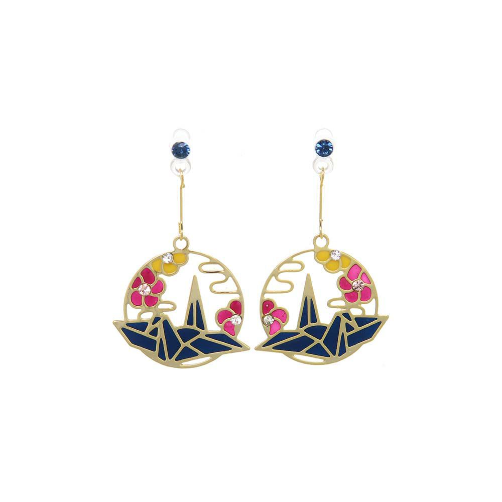 ノンホールピアス ニッケルフリー 花霞と鶴 ストーン パール イヤリング 樹脂タイプ