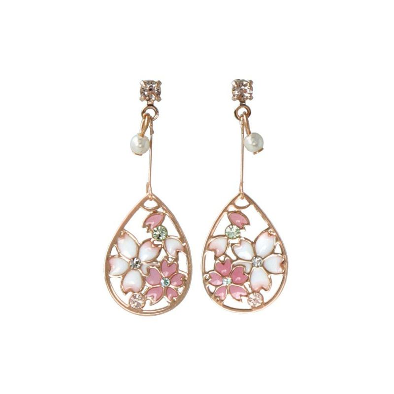 ピアス ニッケルフリー 桜 透かし メタル ドロップ ストーン パール チタンポスト スタッドピアス