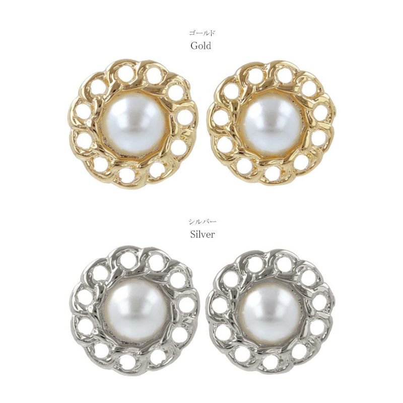 ピアス パール レース サークル ボタン メタル チタンポストピアス