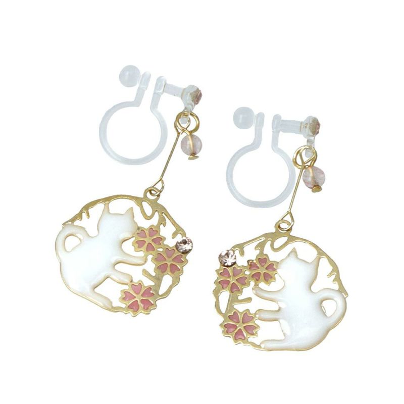 ノンホールピアス 猫とお花(桜/すずらん/椿) 花言葉付き 樹脂ノンホールピアス イヤリング