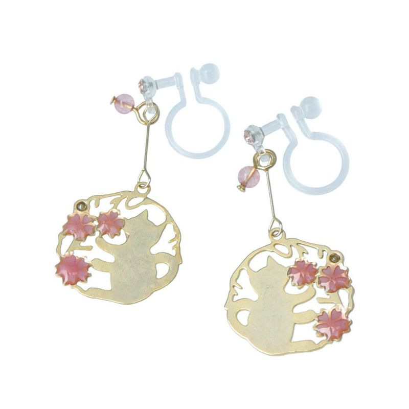ノンホールピアス 猫とお花(桜/すずらん/椿) 花言葉付き 樹脂ノンホールピアス イヤリング