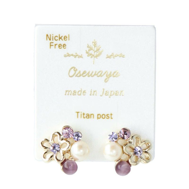 ピアス ニッケルフリー フラワー ストーン 合成キャッツアイ パール チタンポストピアス