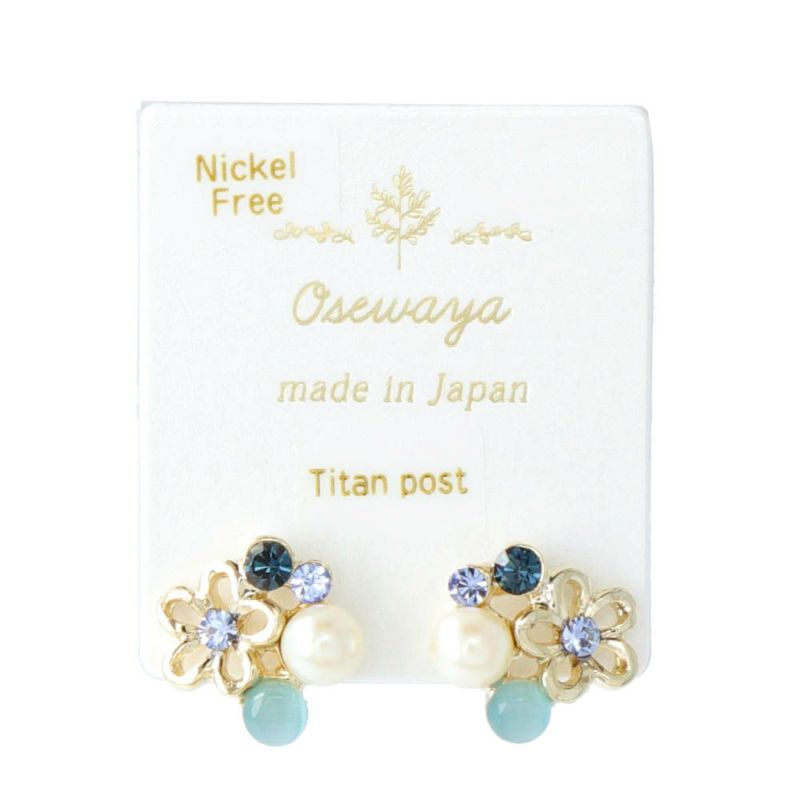 ピアス ニッケルフリー フラワー ストーン 合成キャッツアイ パール チタンポストピアス