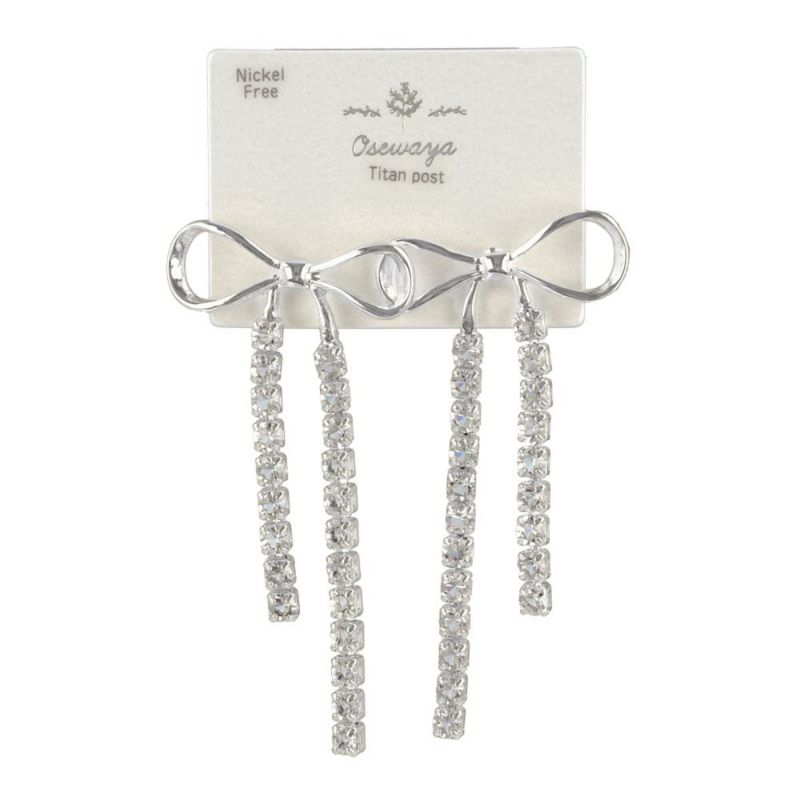 ピアス ニッケルフリー リボン ダイヤレーン ストーン メタル チタンポスト スタッドピアス