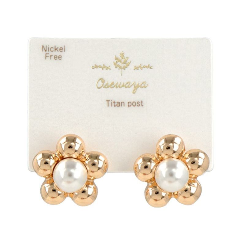 ピアス ニッケルフリー パール メタル フラワー チタンポストピアス
