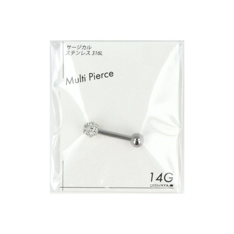 ボディピアス サージカルステンレス 316L ストーン パヴェ ネジ式 ストレートバーベル 14G 【1個販売】