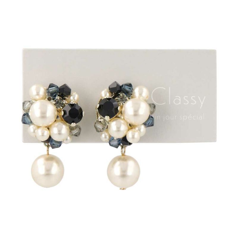 Classy ピアス パール ガラスビジュー パール下がり スタッドピアス