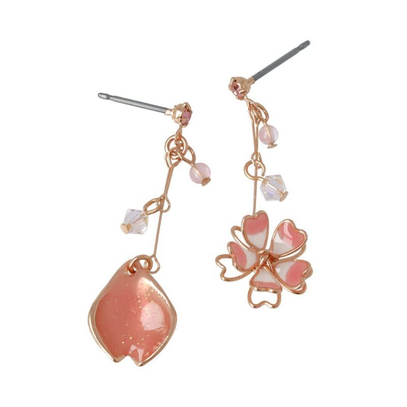 ピアス ニッケルフリー 桜 花弁 ワイヤー フラワー ビーズ アシンメトリー チタンポスト スタッドピアス