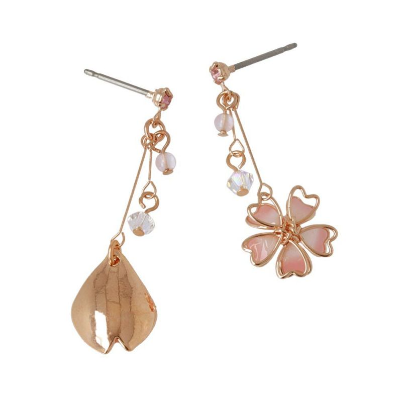 ピアス ニッケルフリー 桜 花弁 ワイヤー フラワー ビーズ アシンメトリー チタンポスト スタッドピアス