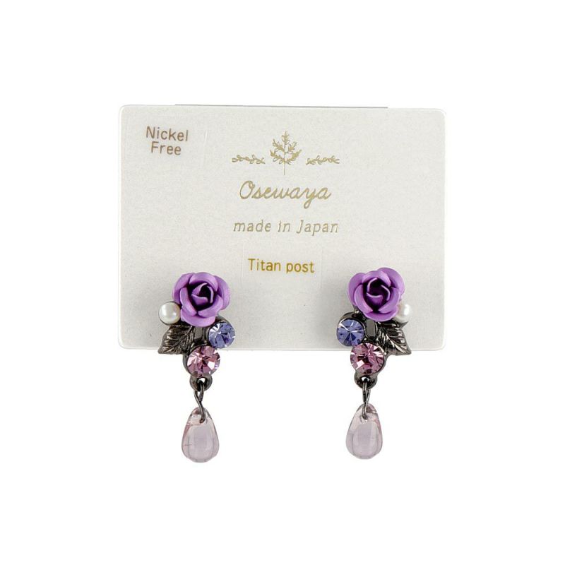 ピアス ニッケルフリー バラ ローズ 雫 カラーストーン チタンポスト スタッドピアス