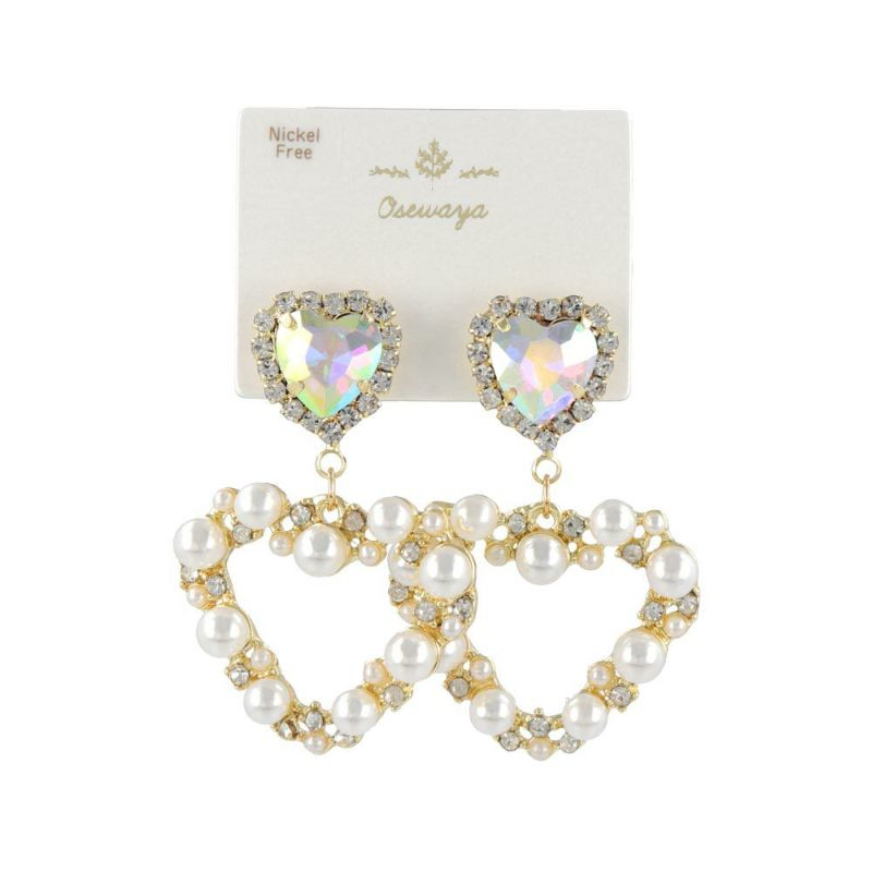 ピアス ニッケルフリー ストーン パール ランダム ダブル ハート チタンポスト スタッドピアス