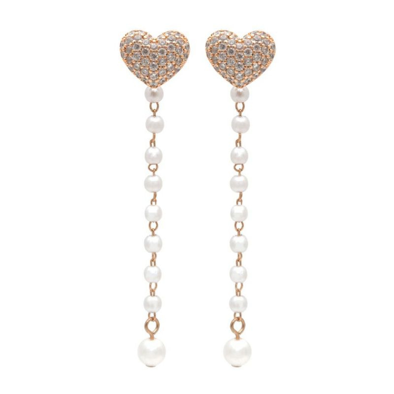 ピアス ニッケルフリー メタル パール チェーン パヴェ ストーン ハート 2way ロング チタンポスト スタッドピアス