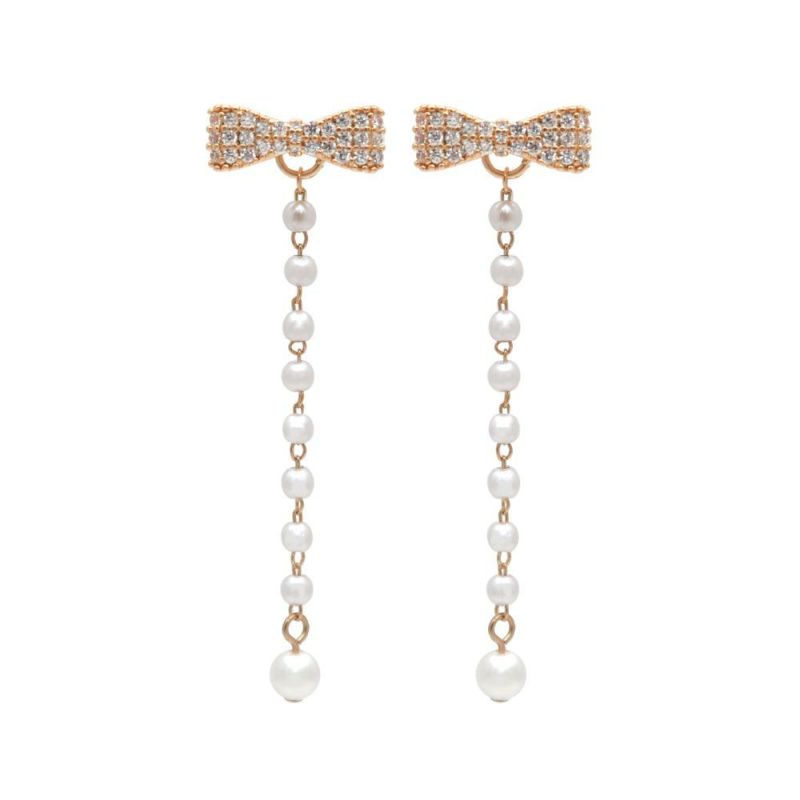 ピアス ニッケルフリー メタル パール チェーン パヴェ ストーン リボン 2way ロング チタンポスト スタッドピアス