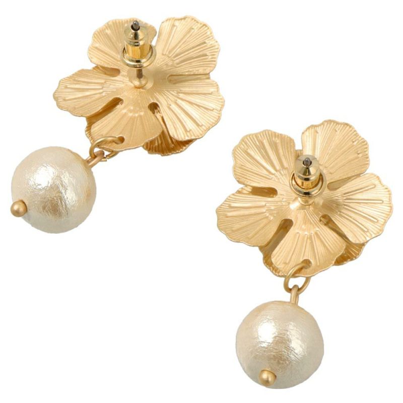 Classy ピアス ニッケルフリー ストーン メタル フラワー コットンパール チタンポスト ドロップピアス