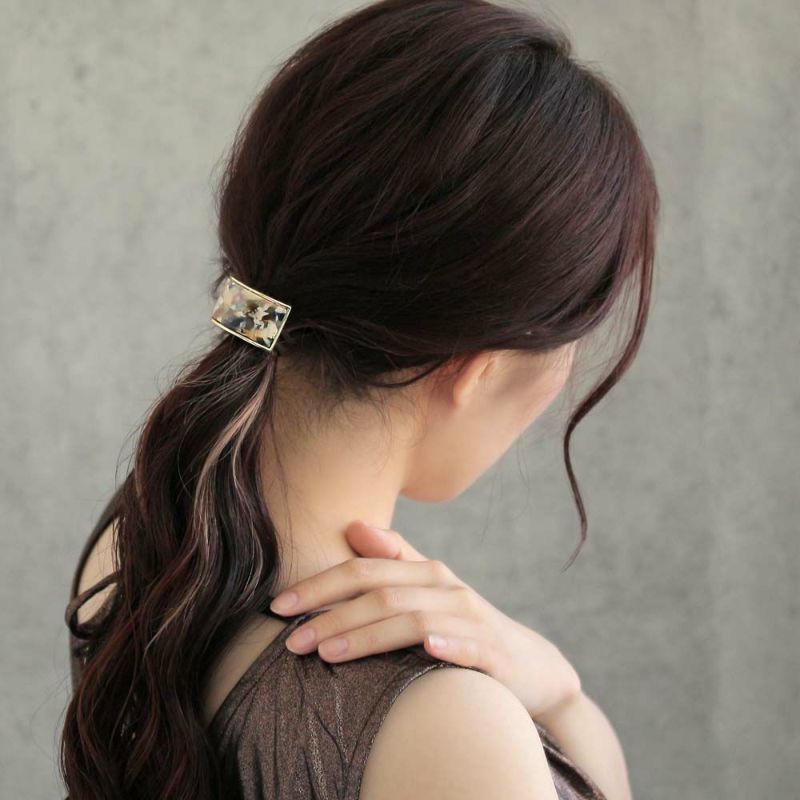 ヘアゴム tsukekae pony マーブル 樹脂 メタル レクタングル ヘアゴム2本付き(ブラウン/ブラック)