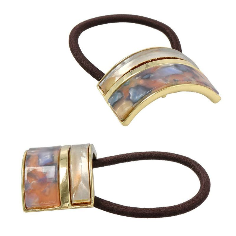 ヘアゴム tsukekae pony マーブル 樹脂 メタル ライン レクタングル ヘアゴム2本付き(ブラウン/ブラック)