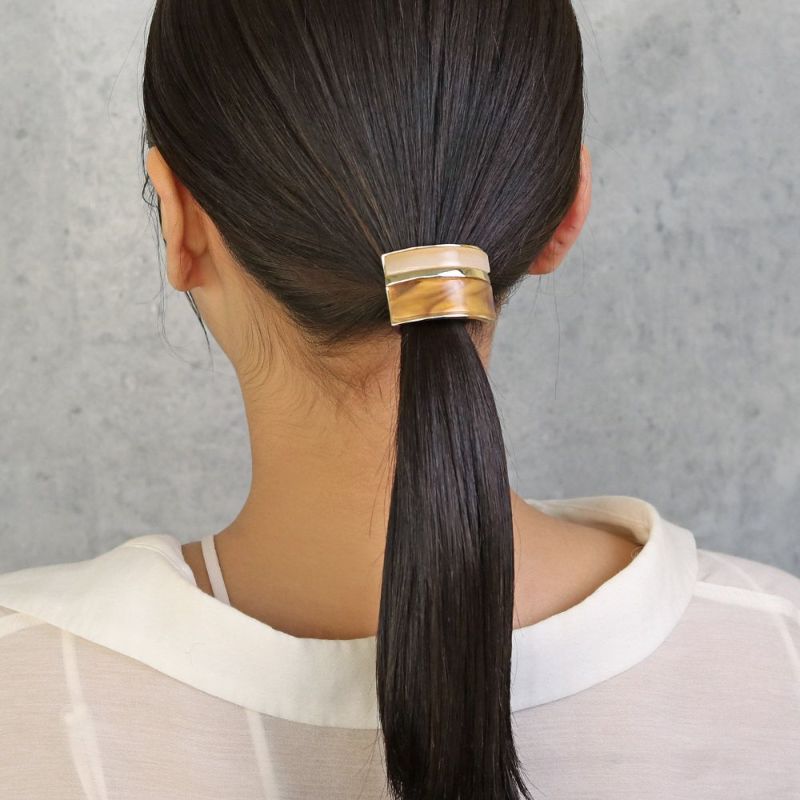 ヘアゴム tsukekae pony マーブル 樹脂 メタル ライン レクタングル ヘアゴム2本付き(ブラウン/ブラック)