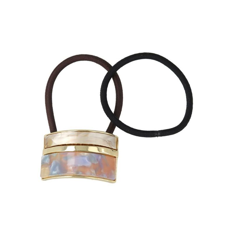 ヘアゴム tsukekae pony マーブル 樹脂 メタル ライン レクタングル ヘアゴム2本付き(ブラウン/ブラック)