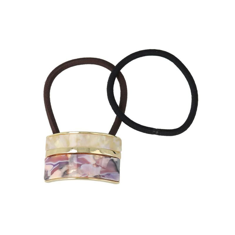 ヘアゴム tsukekae pony マーブル 樹脂 メタル ライン レクタングル ヘアゴム2本付き(ブラウン/ブラック)