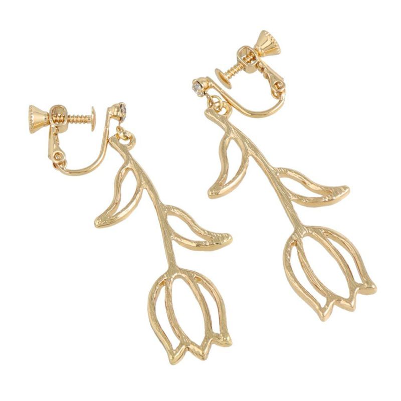 イヤリング ニッケルフリー チューリップ フラワー メタル ストーン ネジバネ式イヤリング