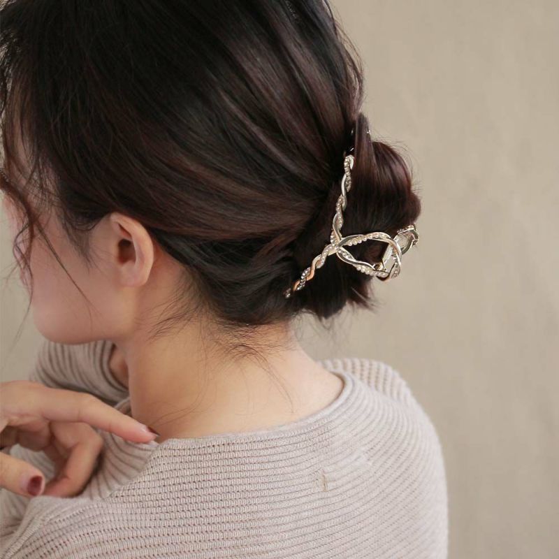 ヘアクリップ ニッケルフリー パール&ストーン ツイストメタル ループデザイン バンスクリップ