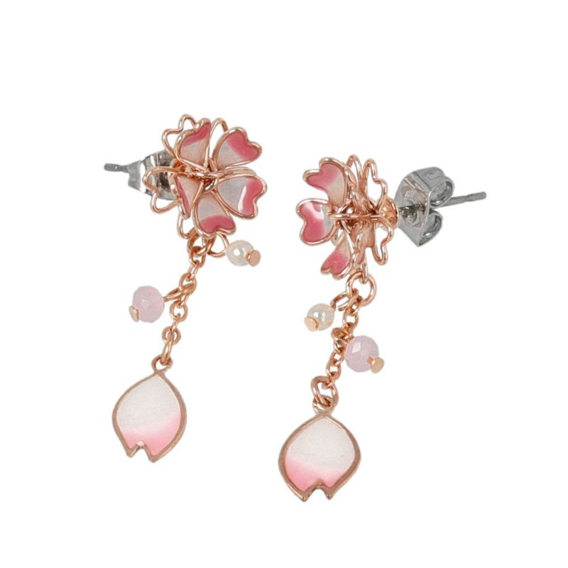 ピアス ニッケルフリー 桜 ワイヤーフラワー ゆれる花びら パール ビーズ チタンポスト スタッドピアス
