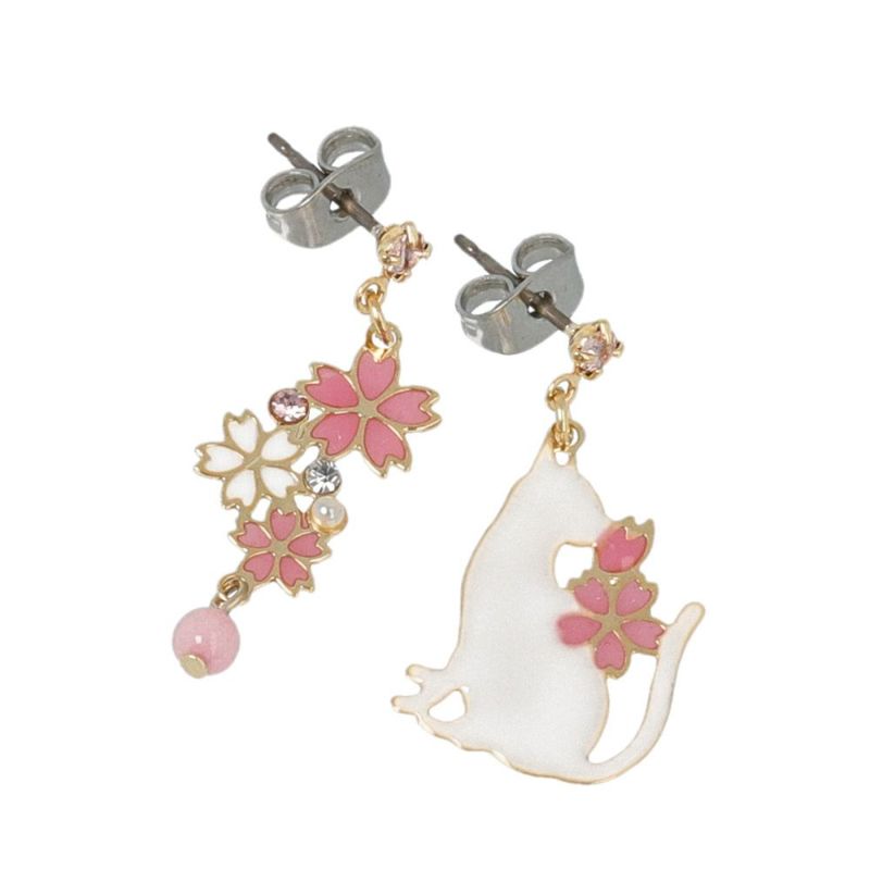 ピアス ニッケルフリー 桜 猫 パール ストーン 天然石 アシンメトリー チタンポスト スタッドピアス