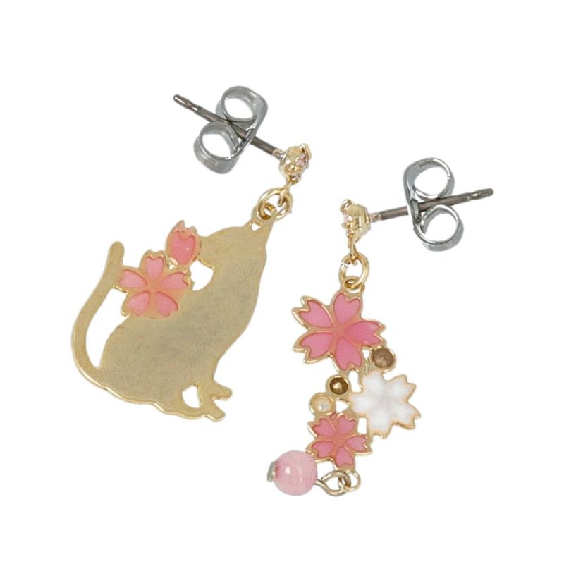 ピアス ニッケルフリー 桜 猫 パール ストーン 天然石 アシンメトリー チタンポスト スタッドピアス
