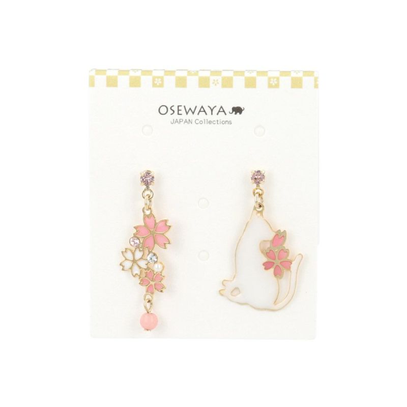 ピアス ニッケルフリー 桜 猫 パール ストーン 天然石 アシンメトリー チタンポスト スタッドピアス