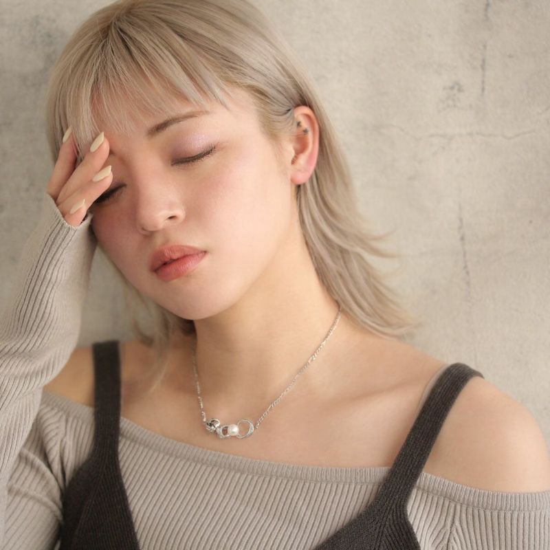 ネックレス ニッケルフリー フォールド リボン パール メタル ショートネックレス