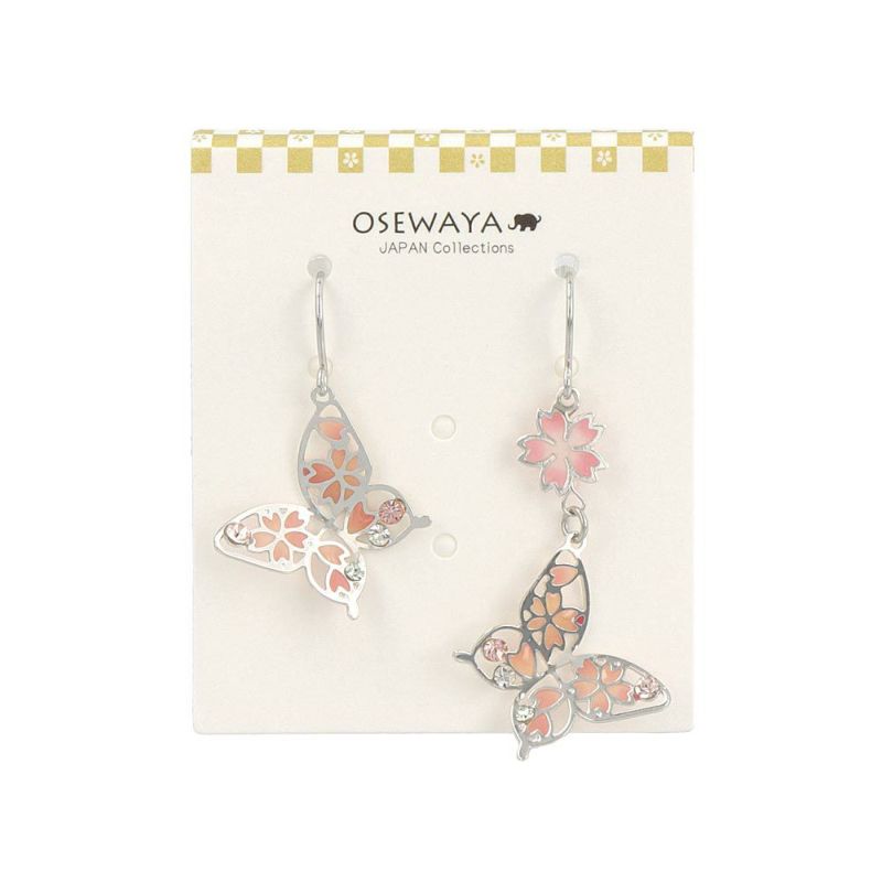 ピアス ニッケルフリー メタル ストーン 桜 バタフライ 透かし アシンメトリー サージカルステンレスポスト フックピアス