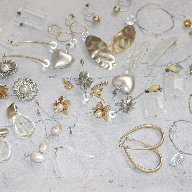 【LIMITED NUMBER】MELLOW フラワー ハクモクレン メタル ボール スティック ウェーブ ガラスパール クリア ビーズ バックキャッチ チタンポスト スタッドピアス ニッケルフリー