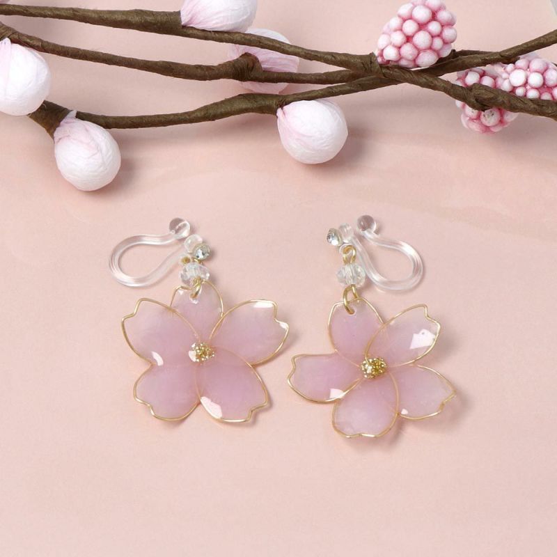イヤリング 桜 ストーン 樹脂ノンホールピアス
