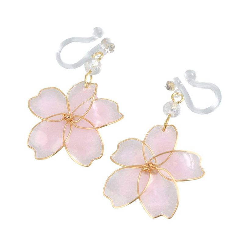 イヤリング 桜 ストーン 樹脂ノンホールピアス