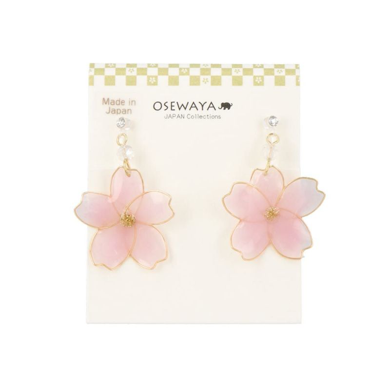 イヤリング 桜 ストーン 樹脂ノンホールピアス