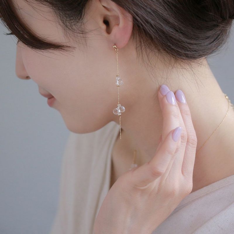 ピアス ニッケルフリー Clear クリア ドロップ ビーズ メタル チェーン ロング チタンポスト スタッドピアス