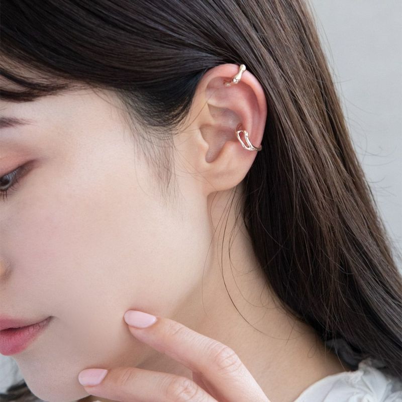 イヤーカフ ニッケルフリー ロゼシルバー ドットxウェーブ 2個セット イヤリング 【左耳用】