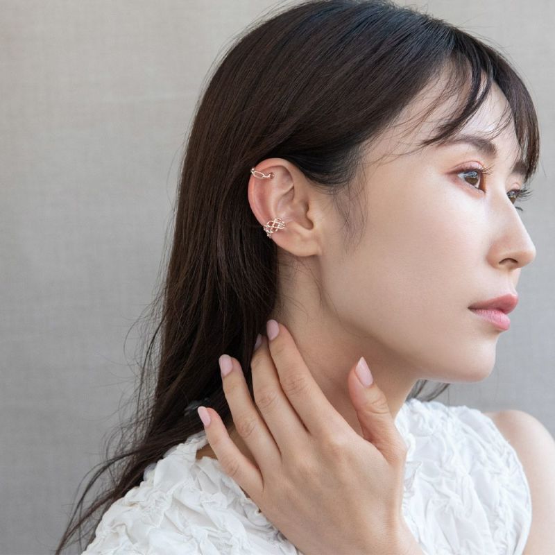 イヤーカフ ニッケルフリー ロゼシルバー チェーンxグリッド 2個セット イヤリング 【片耳用】