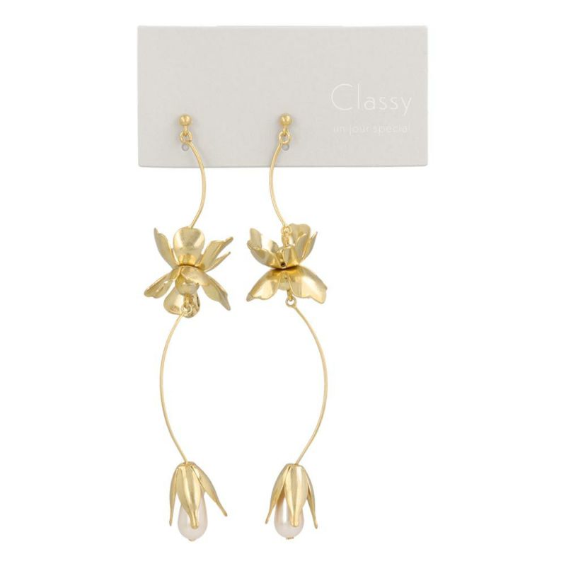Classy GARDEN ピアス ニッケルフリー フラワー メタル ウェーブ ドロップ パール ロング チタンポスト スタッドピアス
