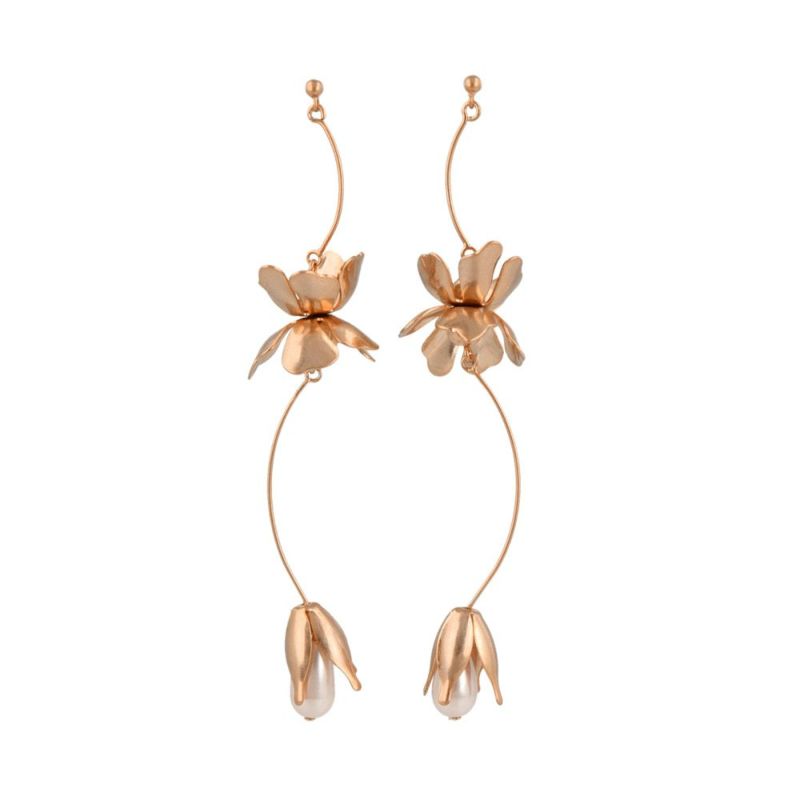 Classy GARDEN ピアス ニッケルフリー フラワー メタル ウェーブ ドロップ パール ロング チタンポスト スタッドピアス