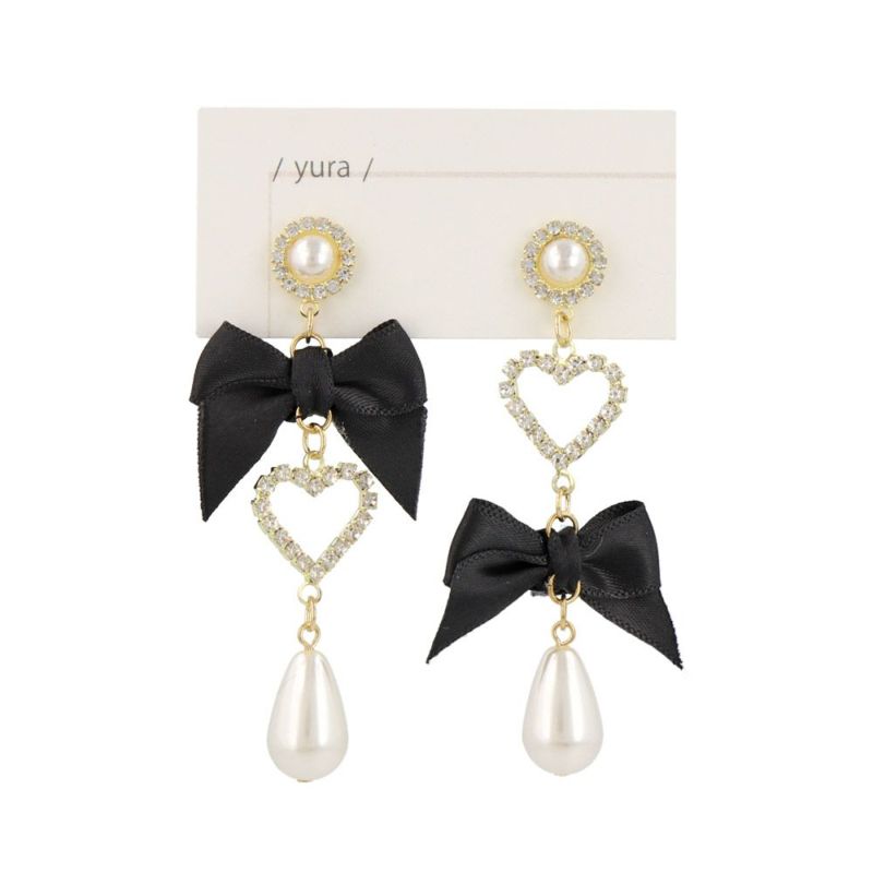 ピアス yura リボン ハート ストーン ドロップ パール アシンメトリー ステンレスポスト スタッドピアス