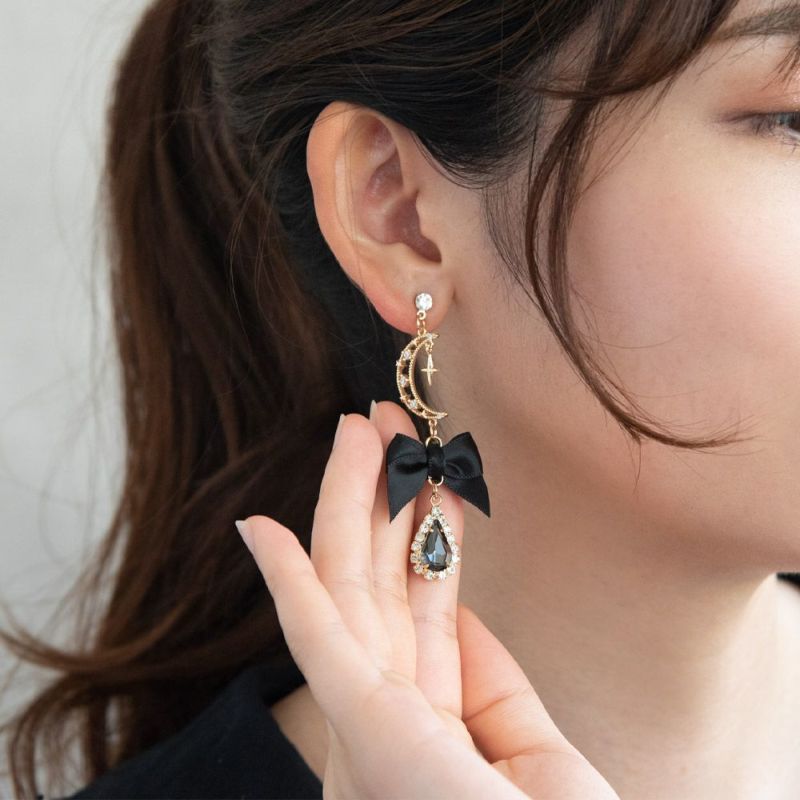 ピアス yura リボン クレッセントムーン スター クロス ビジュー ストーン ステンレスポスト スタッドピアス