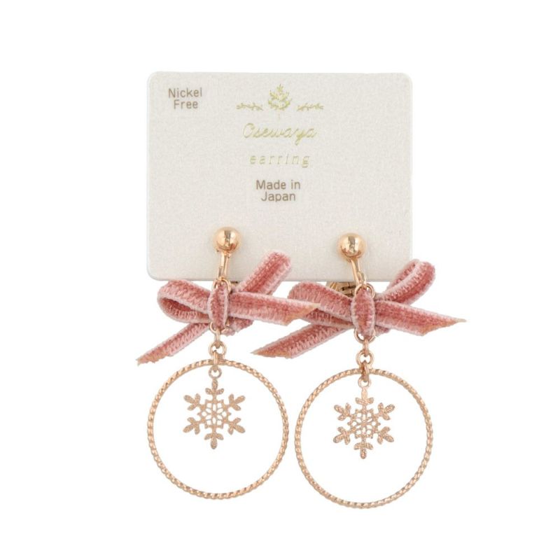 イヤリング ニッケルフリー 雪の結晶 ベルベット リボン サークル メタル ネジバネ式イヤリング
