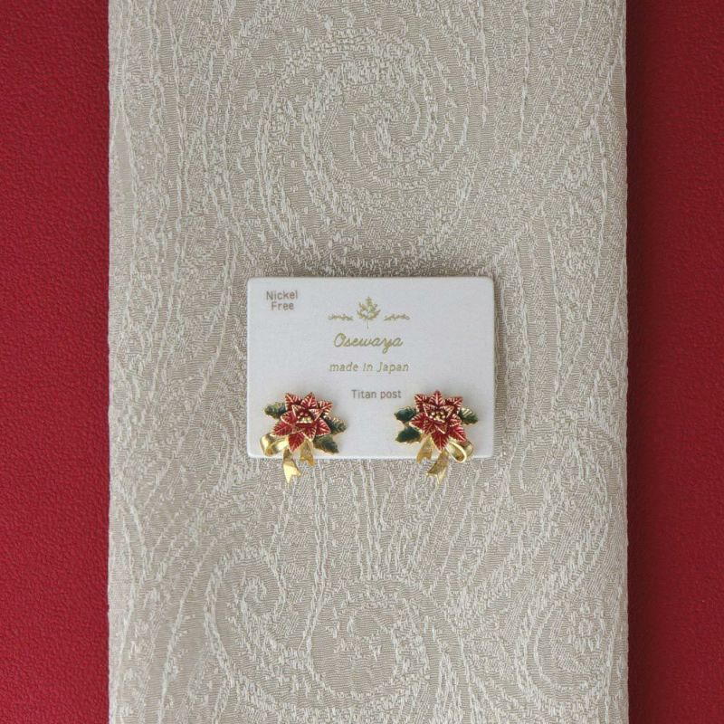 ピアス ニッケルフリー クリスマス ポインセチア リボン メタル チタンポスト スタッドピアス