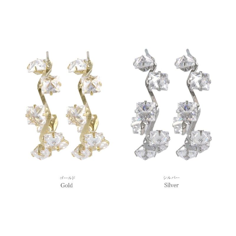 ピアス キュービックジルコニア スクエアカット メタル C型 スタッドピアス