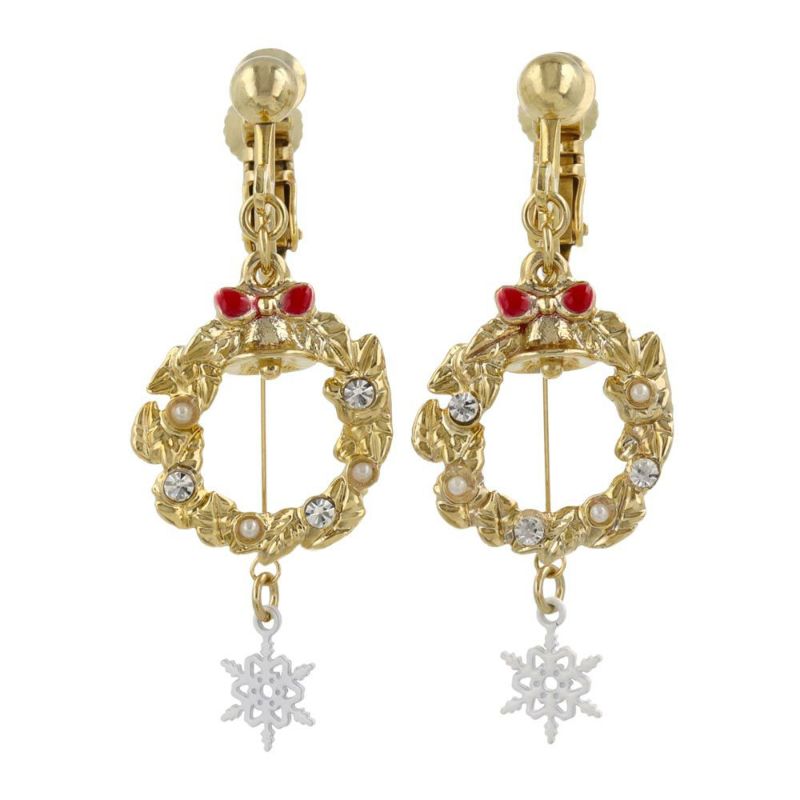 イヤリング ニッケルフリー クリスマス リース 雪の結晶 メタル ネジバネ式イヤリング